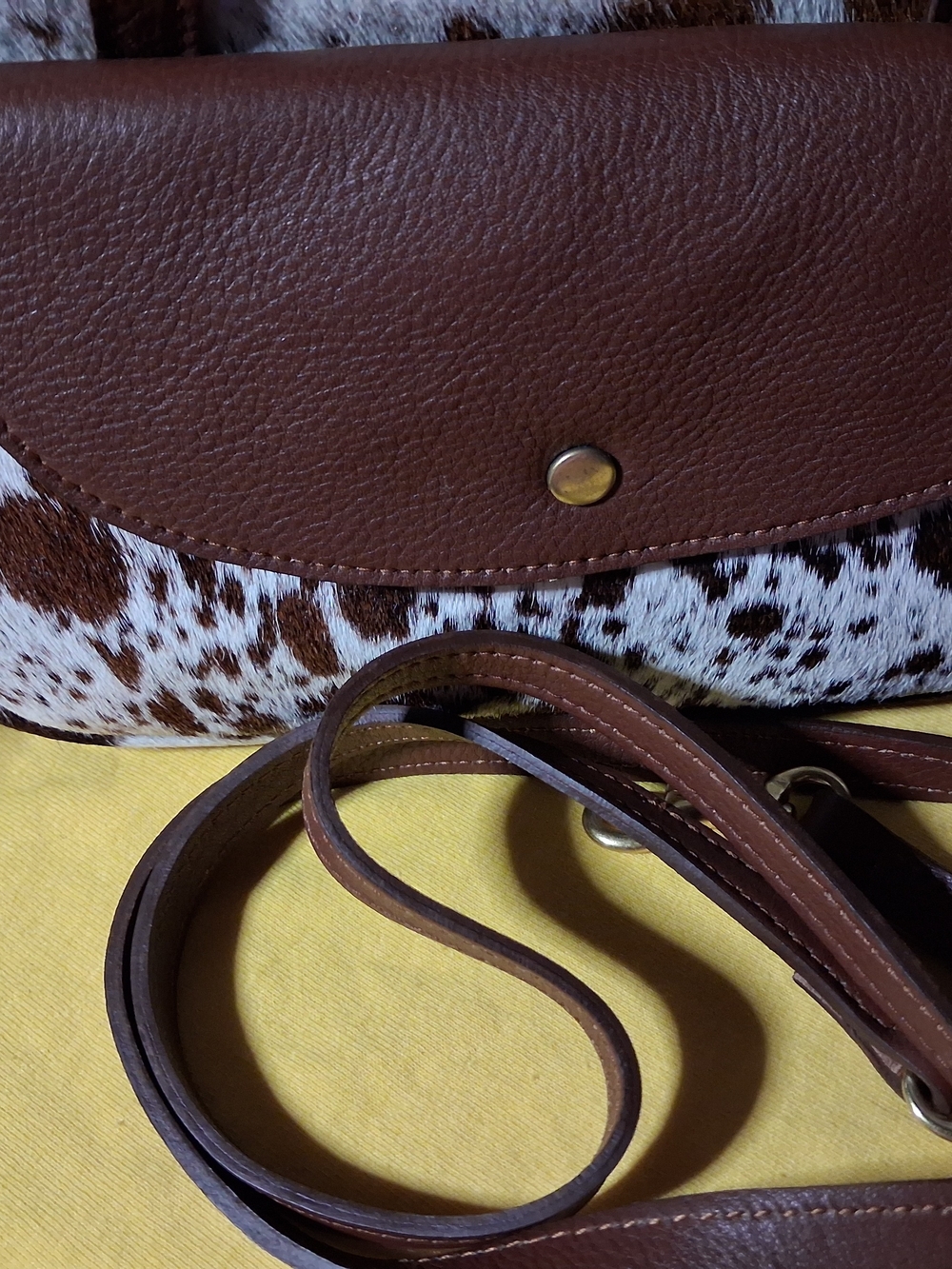 Cora Camera Brown Leather and Haircalf Crossbody Bag with Adjustable Strap